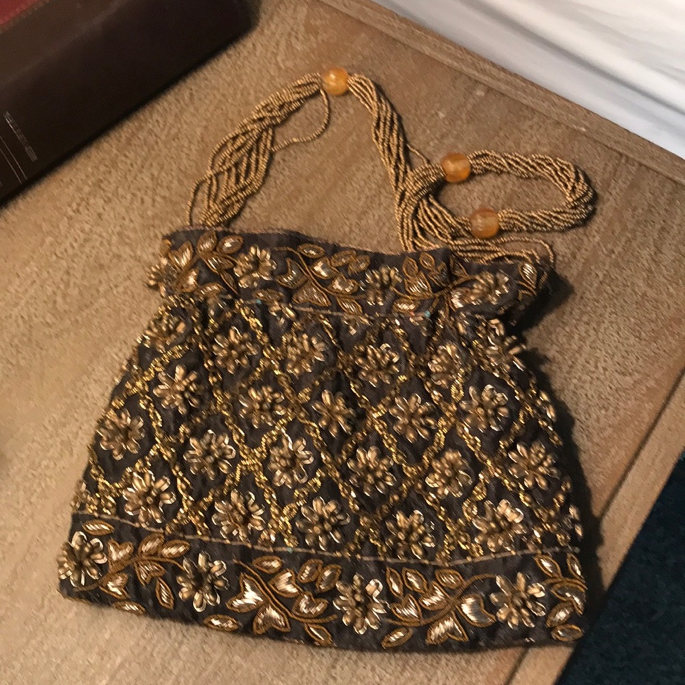 Brown and gold beaded purse